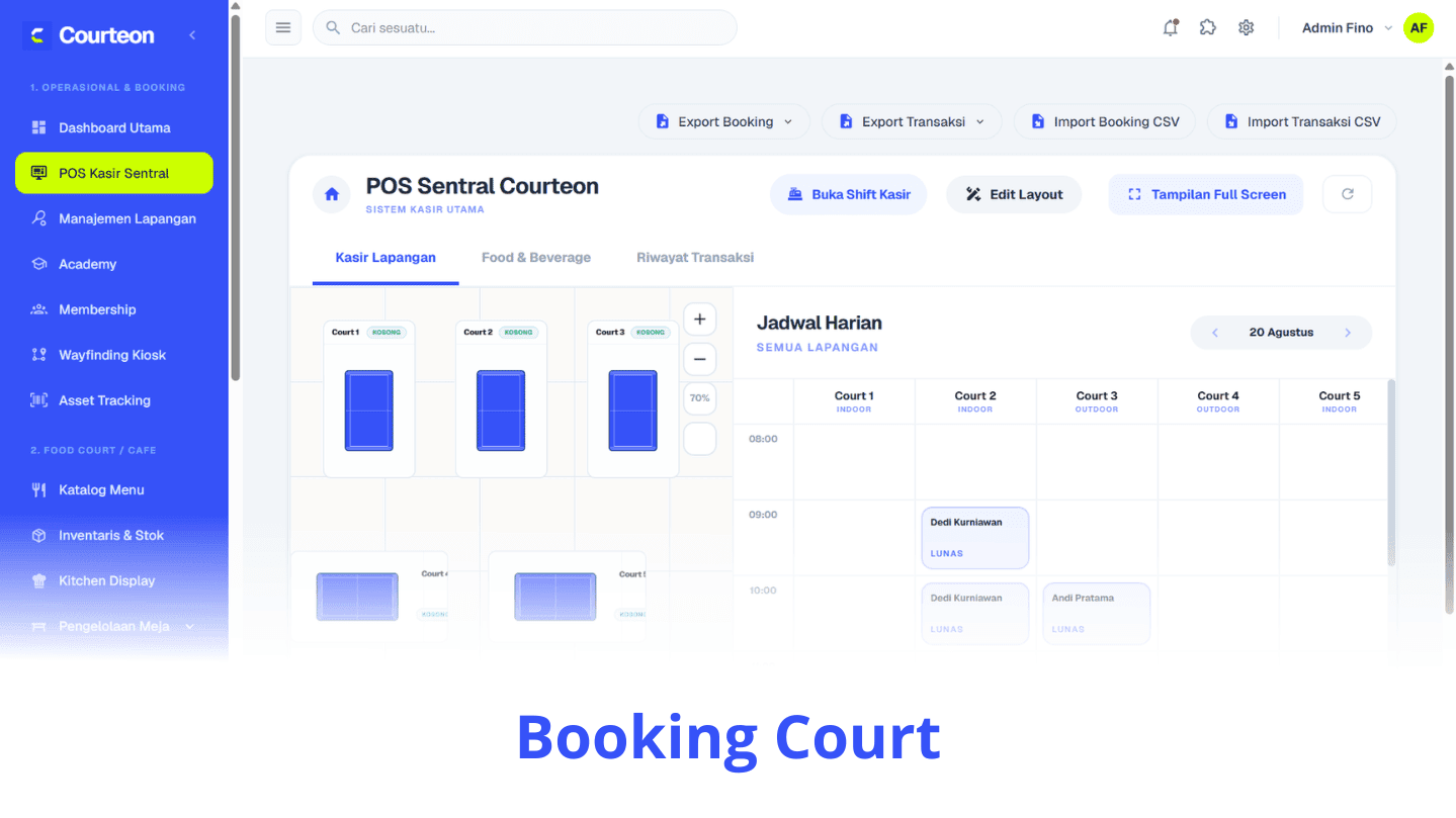 Dashboard booking lapangan padel online Courteon