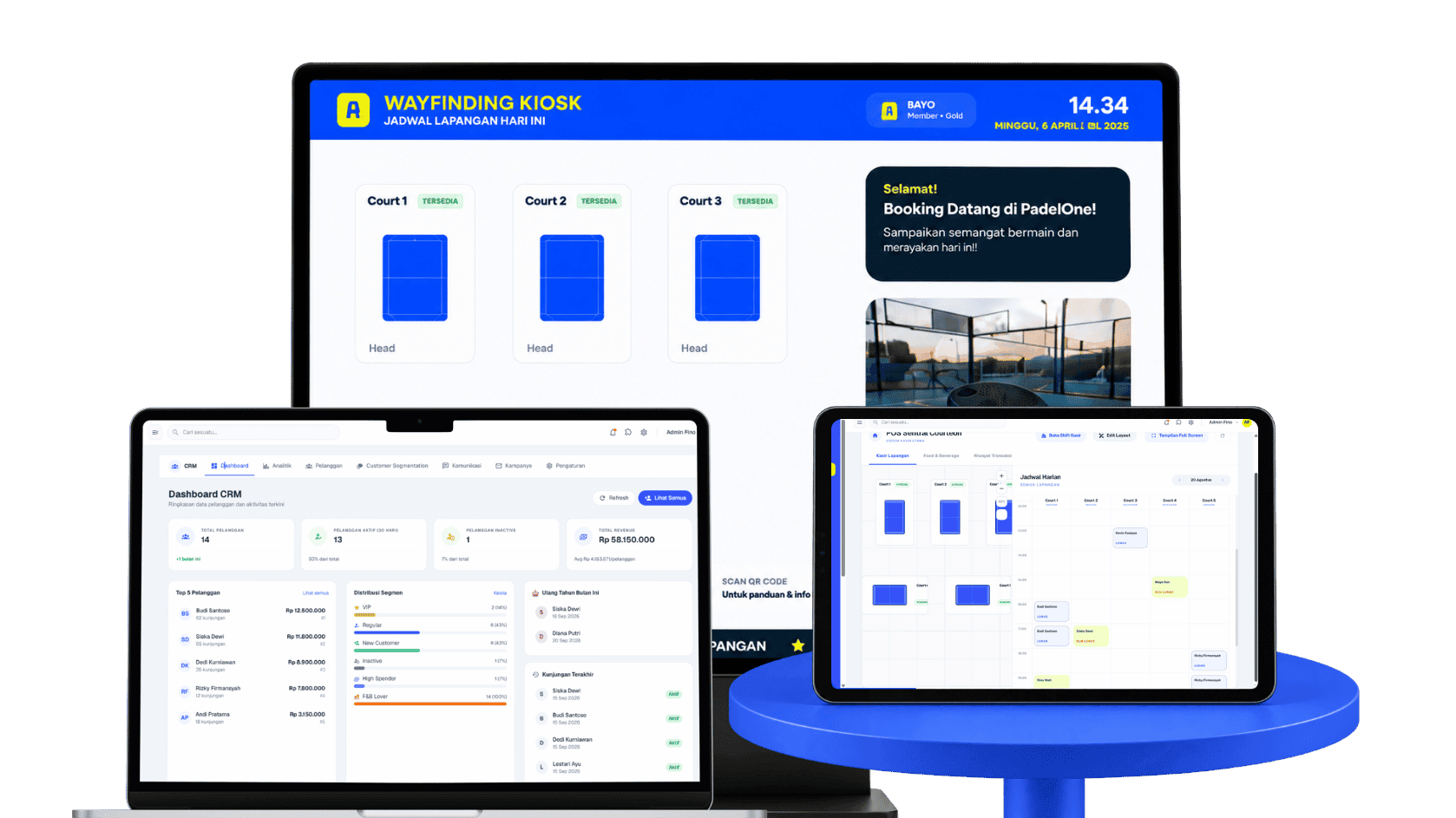 Satu workspace Courteon: admin, kasir POS, kitchen display, dan TV wayfinding sinkron real-time